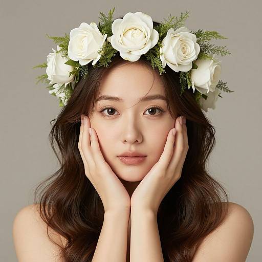 Photograph of a young Asian woman with fair skin, long dark brown hair, and delicate features, wearing a white flower crown, gently touching her cheeks