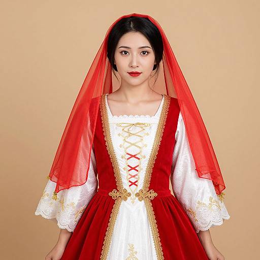 Photograph of an Asian woman with fair skin, black hair, and red lipstick, wearing a red and white traditional dress with lace, red veil,