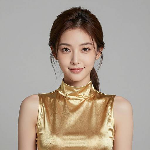 Elegant Asian Woman in Gold Mini Dress