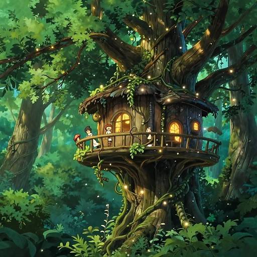Whimsical digital illustration of a fairy-tale treehouse nestled in a lush, enchanted forest, glowing with fairy lights, and occupied by two children