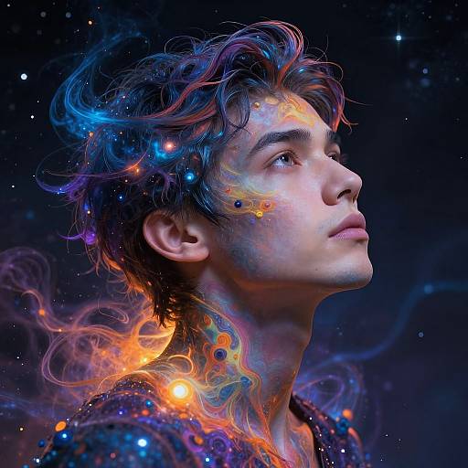 Digital portrait of a young man with colorful, ethereal hair and glowing face, set against a cosmic starry background. Vibrant, otherworldly