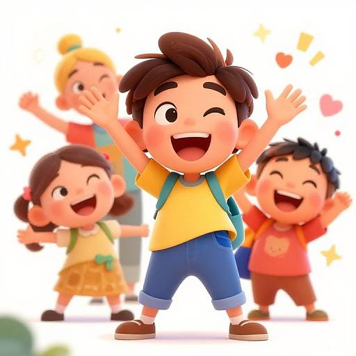 Digital cartoon of five happy children with diverse hairstyles and outfits, waving and smiling, centered on a brown-haired boy in yellow shirt and blue shorts. Bright