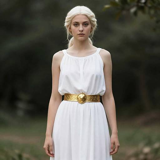 Photograph of a blonde woman with fair skin, wearing a white, sleeveless, Grecian-style dress with a gold belt, standing outdoors in