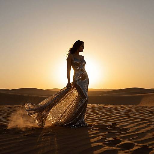 Silhouetted woman in shimmering dress stands in desert at sunset, wind blowing her dress, sun low on horizon, golden sky.