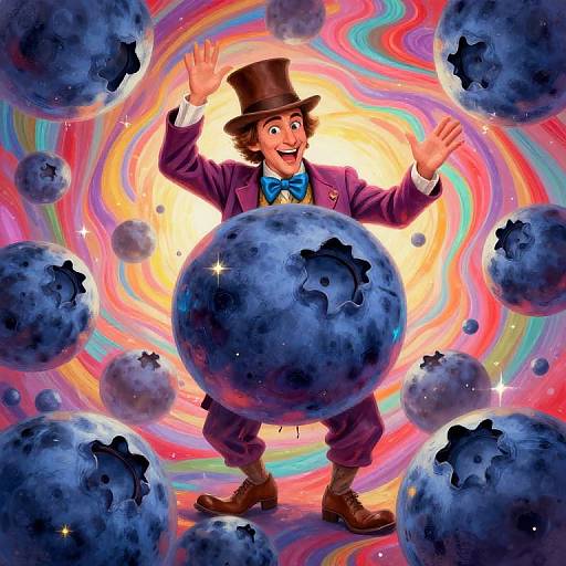 Cartoon magician in purple suit, black top hat, blue bowtie, joyfully holding blue planet amidst colorful swirling vortex, surrounded by floating blue planets
