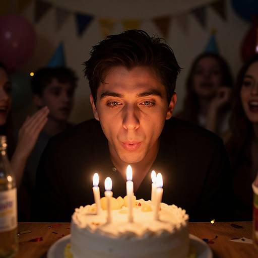 Photograph of a young man with dark hair, illuminated by candlelit birthday cake, surrounded by smiling, dimly-lit party guests.