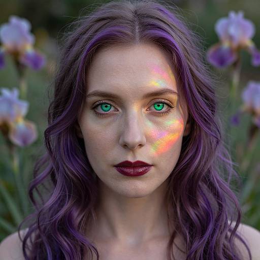 Photograph of a fair-skinned woman with vivid purple hair, green eyes, and dark lipstick, standing amidst blooming irises. Bright rainbow light