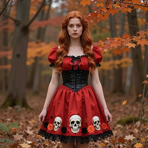 Young Woman in Red Halloween Dress in Autumn Forest