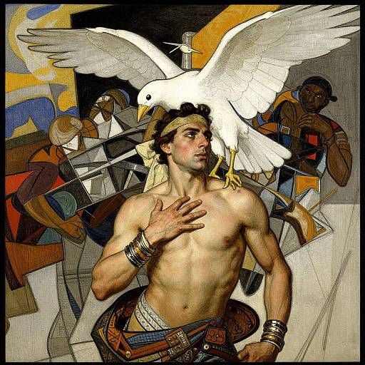 Colorful, stylized painting of a muscular, shirtless man with headband, wearing bracelets and belt, standing before a large white dove, surrounded
