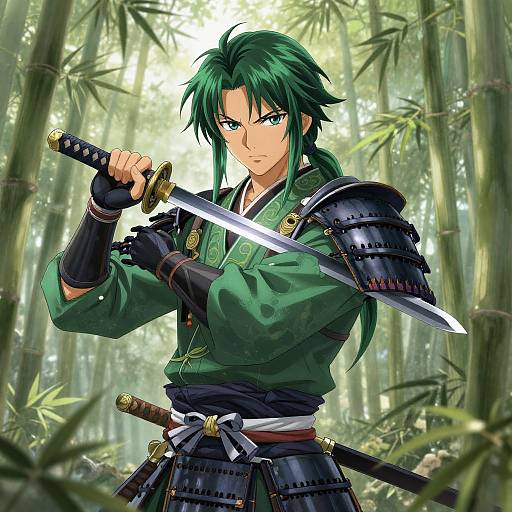 Anime-style digital drawing of a green-haired samurai in a bamboo forest, holding a sword, wearing armor and a green kimono.
