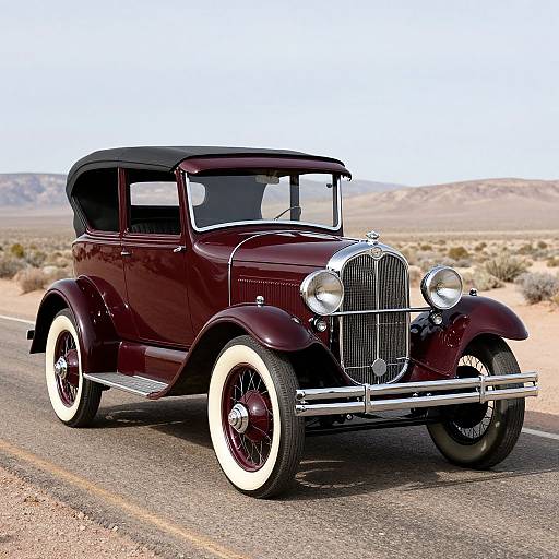 Photograph of a classic maroon vintage car with white-walled tires, chrome grille, and black roof, driving on a desert road.