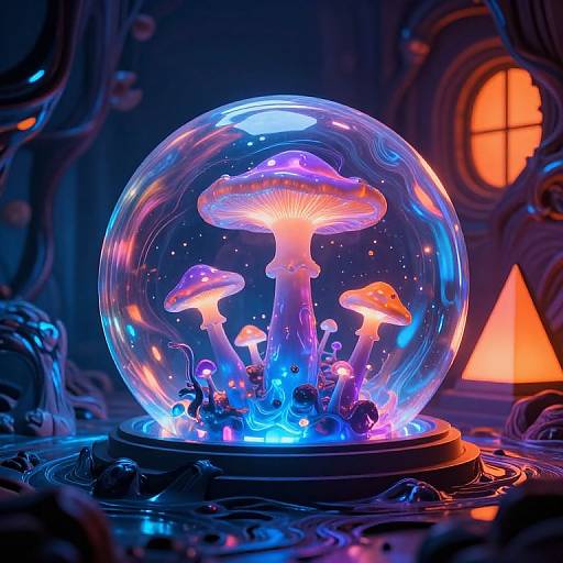 Glowing, neon-lit glass snow globe with vibrant purple and blue bioluminescent mushrooms, set against a dimly lit, whimsical