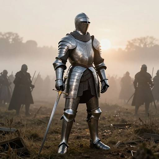 Photograph of a silver-armored knight with helmet, holding a sword, standing in a foggy battlefield with silhouetted soldiers in the background