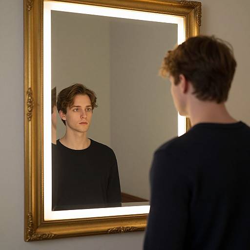 Photograph of a young man with curly brown hair, wearing a black shirt, standing before a brightly lit, ornate gold-framed mirror, reflecting