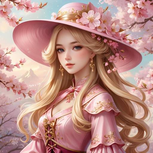 Elegant Woman in Pink Dress and Wide-Brimmed Hat