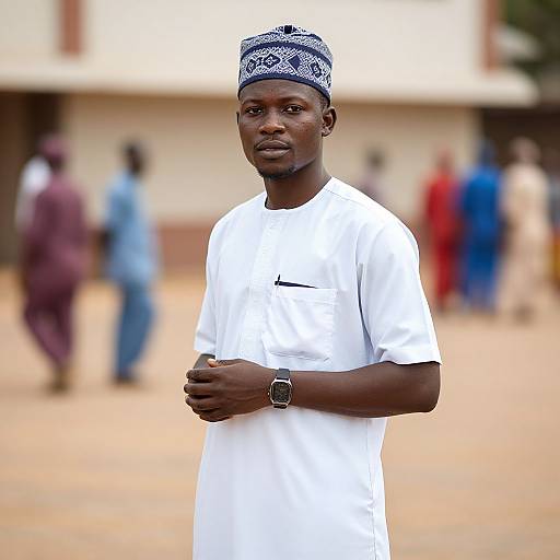 Photograph of a young Black man with dark skin, wearing a white t-shirt, patterned blue and white cap, and black wristwatch, standing