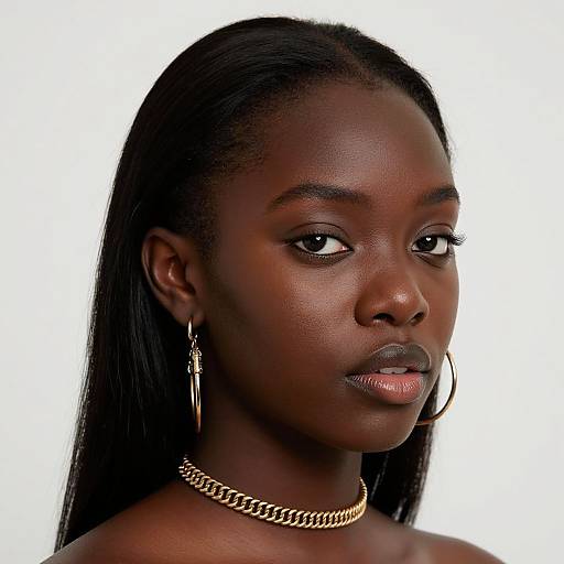 Photograph of a confident, dark-skinned woman with long black hair, wearing large hoop earrings and a gold chain necklace, against a white background.