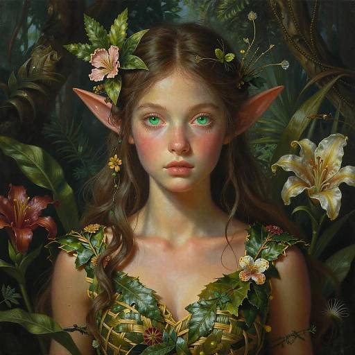 Digital fantasy portrait of a fair-skinned, green-eyed elf girl with brown hair, pointed ears, adorned with flowers and leaves, in a lush,
