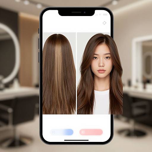 Photograph of a smartphone screen displaying front and back views of a young Asian woman with long, straight brown hair in a salon with blurred modern interior.