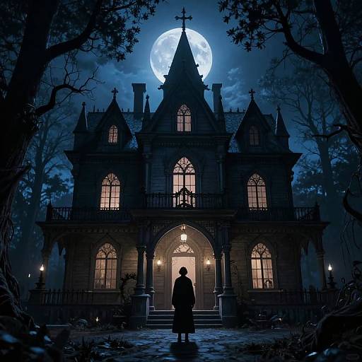 Silhouetted figure stands before a Gothic mansion with glowing windows, under a full moon in a dark, misty forest. Digital art.
