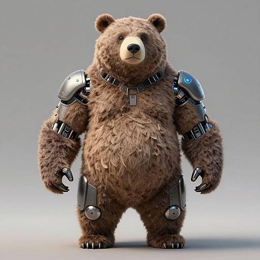 CGI image of a robotic brown bear with metallic shoulder and limb armor, standing on a gray gradient background.