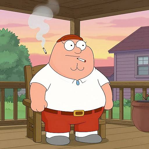 Cartoon of a chubby man with a red headband, white shirt, red pants, smoking, sitting on a porch at sunset.