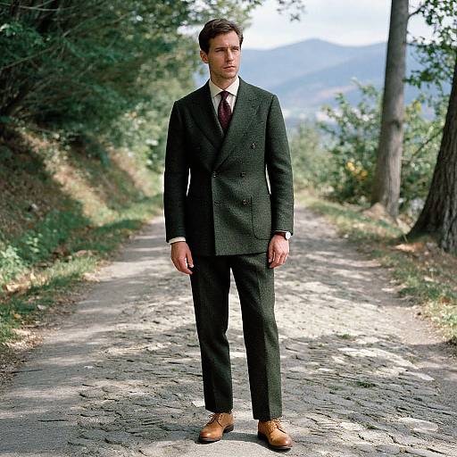 Photograph of a handsome man in a black suit, white shirt, maroon tie, and brown shoes standing on a sunlit, tree-lined path