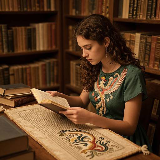 Curly-haired woman in green embroidered dress reads book in library, illuminated by warm light, surrounded by bookshelves. Photographic image.