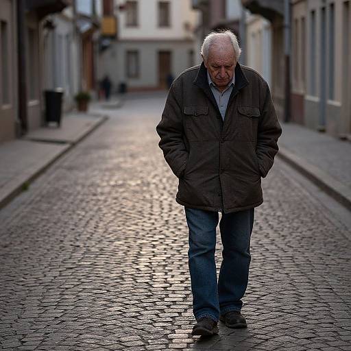 Photograph of an elderly man with white hair, wearing a brown jacket and blue jeans, standing on a cobblestone street in an empty, narrow