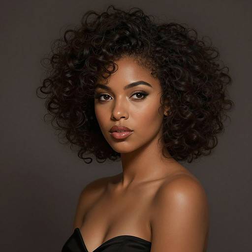 Photograph of a beautiful, dark-skinned woman with natural, voluminous curly hair, wearing a strapless black top, against a dark gray background
