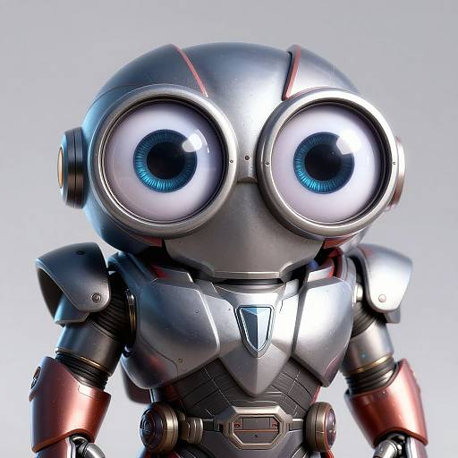 Photorealistic CGI of a metallic, robotic owl with large, shiny blue eyes and silver armor, featuring red accents and intricate details.