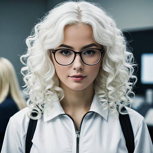 Young Woman Scientist with Curly White Hair and Glasses