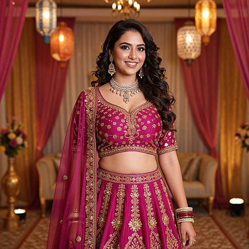 Photograph of a smiling Indian woman with long black hair, wearing a red and gold traditional lehenga, intricate jewelry, and ornate drapes in