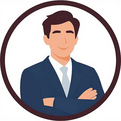 Digital illustration of a smiling, light-skinned man with black hair, wearing a dark blue suit and white shirt, arms crossed, framed by a black