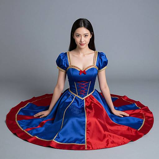 Photograph of an East Asian woman with long black hair, wearing a blue and red Disney-style Snow White dress, seated on a grey background.