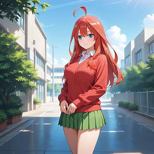 Anime-style digital drawing of a red-haired girl with blue eyes, wearing a red sweater, white shirt, and green skirt, standing on a sunny,