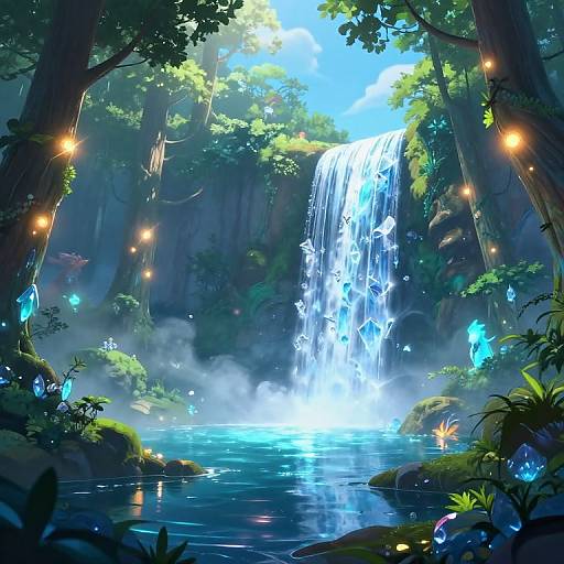 Digital fantasy artwork of a luminous waterfall cascading into a misty, bioluminescent forest pool, surrounded by glowing fireflies and vibrant,