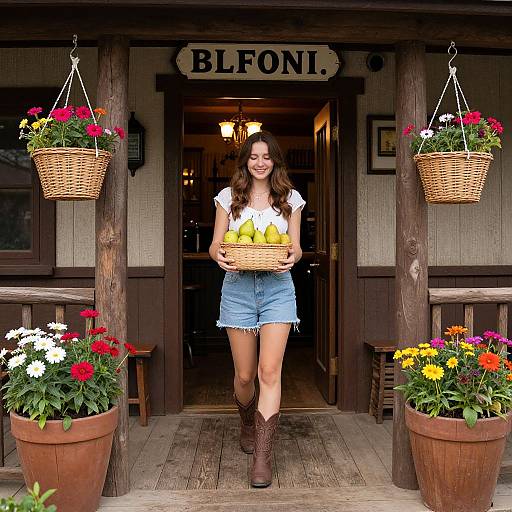 Young Woman on Rustic Porch with Pears