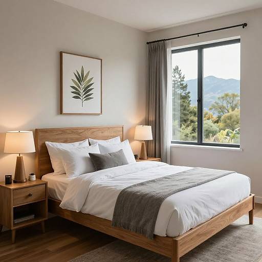 Photograph of a modern, minimalist bedroom with a wooden bed, white linens, gray blanket, two wooden nightstands, framed leaf art, lamps