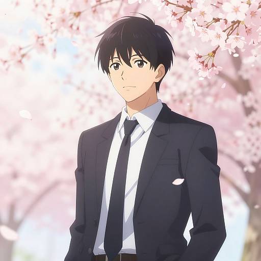 Handsome Anime Boy in Cherry Blossoms