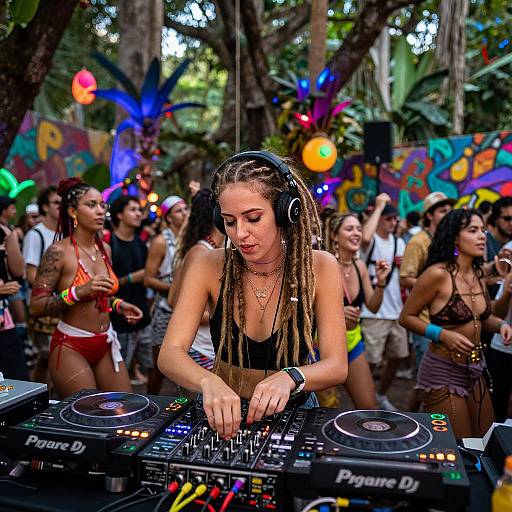 Photograph of a DJ with braided hair, wearing a black tank top, mixing music at an outdoor, vibrant, colorful festival with a diverse,