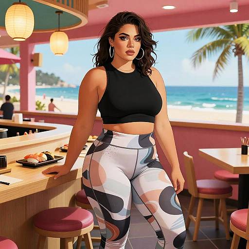 Plus-size woman in stylish leggings at beachside sushi bar