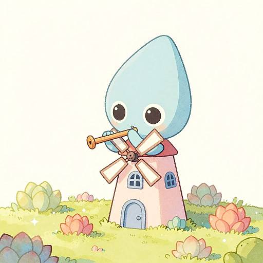 Whimsical Alien Playing Flute on Pastel Windmill