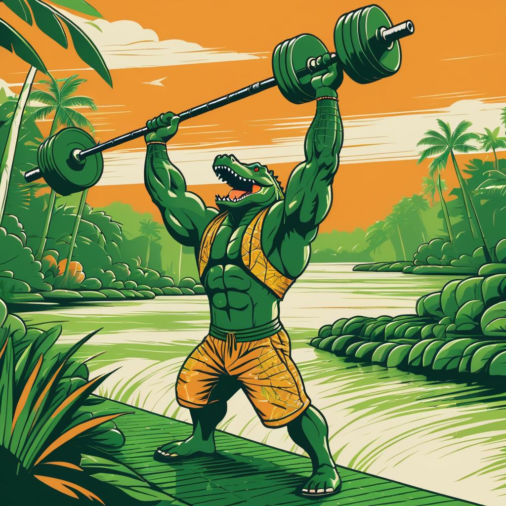 Muscular Crocodile Lifting Barbell Artwork