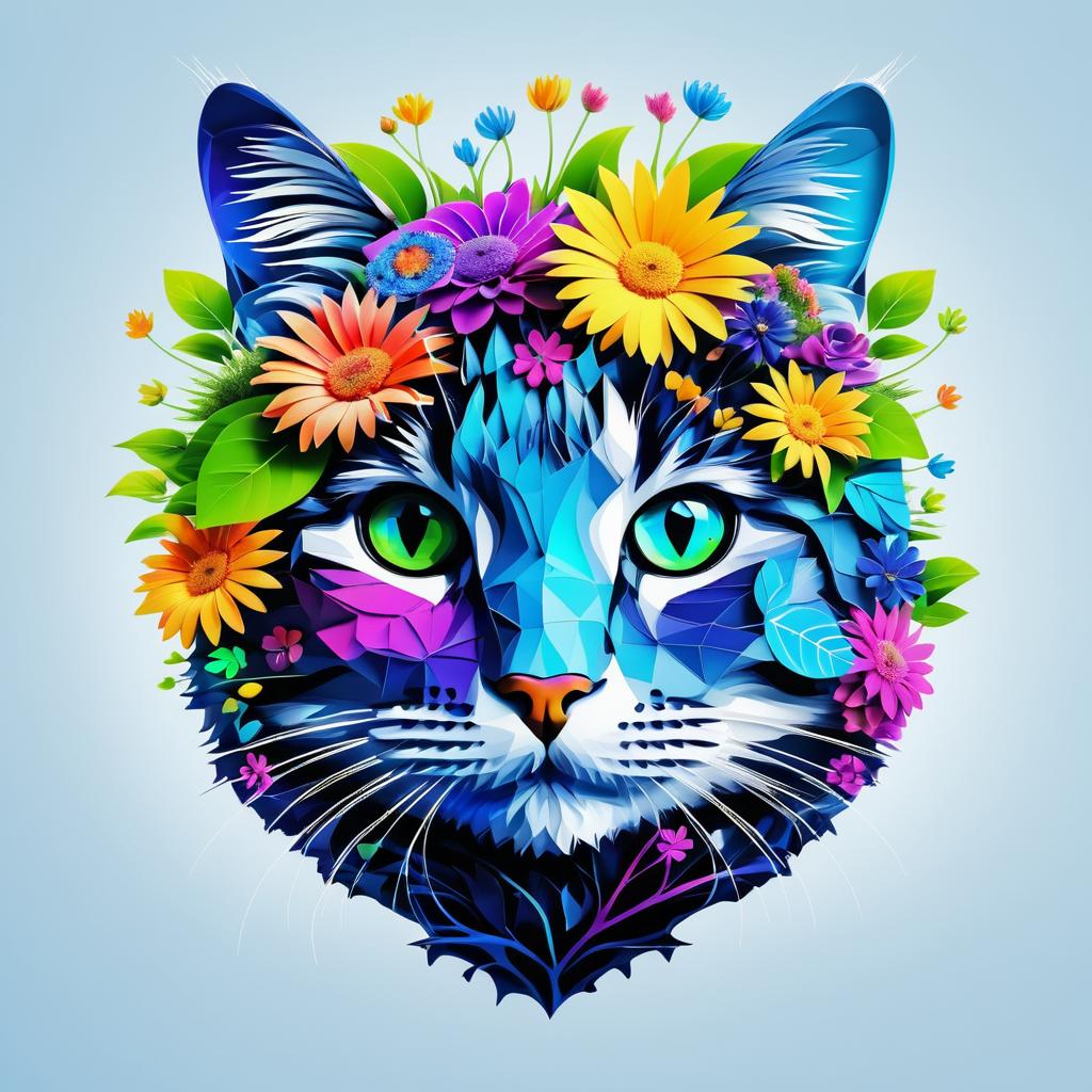 AI Cat Brain with Vibrant Nature Elements