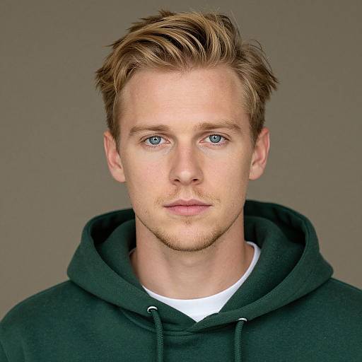 Photograph of a young Caucasian man with light blue eyes, short blonde hair, and light stubble, wearing a dark green hoodie, against a plain