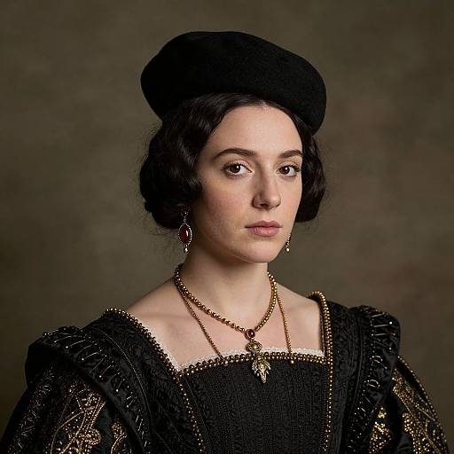 Photograph of a pale-skinned woman with dark hair, wearing a black Renaissance-style dress and hat, gold necklace, and earring, against a