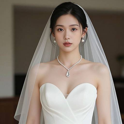 Photograph of an East Asian bride with fair skin, black hair in a bun, wearing a strapless white wedding dress, pearl necklace, earrings,