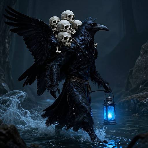 Digital artwork of a black crow with wings spread, carrying a skull bundle on its back, holding a glowing blue lantern, standing in a dark, mist