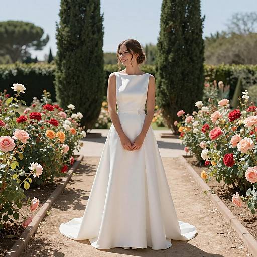 Bride in Satin Wedding Dress in Rose Garden